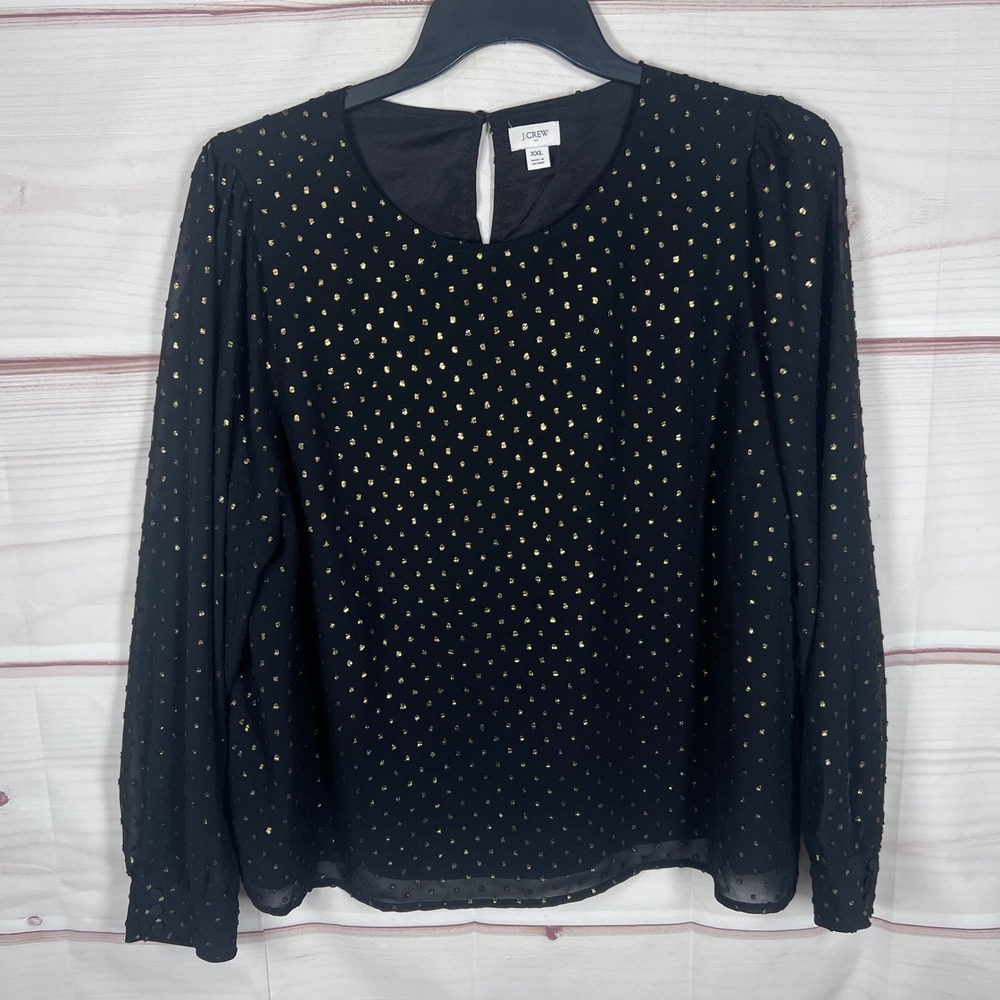 J.Crew Blouse Women XXL Black Gold Clip Dot Long Sleeve Top Pullover Chiffon